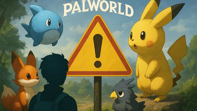 Существа Palworld и логотип на фоне предупреждающего знака. Моды и обновление 1.0: как избежать проблем.