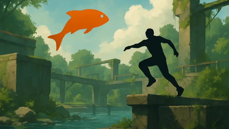 Изображение рыбы, выполняющей паркур в воде или на суше в игре Barely Breathing