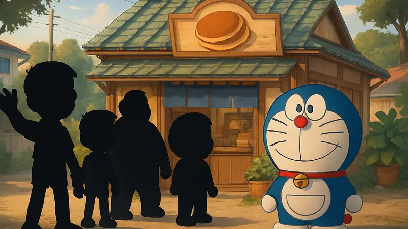 Дораэмон и друзья на фоне магазина дораяки в игре Doraemon Dorayaki Shop Story для Apple Arcade.