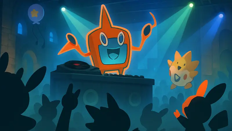 DJ Ротом на танцполе, веселящийся с покемонами в Pokémon Pokopia, сцена из квеста.