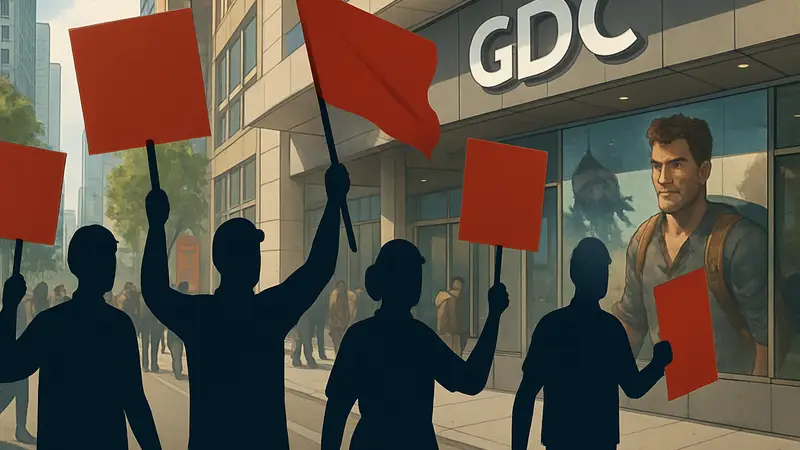 Игровые разработчики на марше профсоюза UVW-CWA на GDC, борющиеся за права и лучшие условия труда.