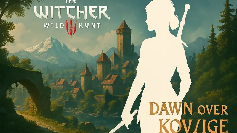 The Witcher 3: скриншот из мода с Цири, логотип игры, фанатский квест Dawn over Kovir.
