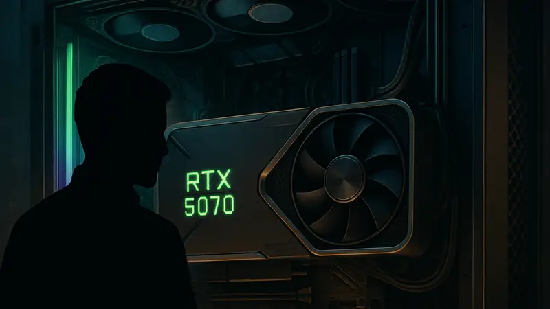 Видеокарта Nvidia RTX 5070, установленная в игровой ПК, с акцентом на подсветку и дизайн.