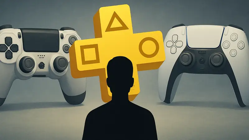 Логотип PS Plus Essential на фоне игровых контроллеров PS5 и PS4, символизирующий новые бесплатные игры.