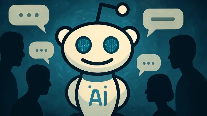 Абстрактное изображение искусственного интеллекта, стилизованное под логотип Reddit, с текстовыми пузырями, указывающими на диалог ИИ.