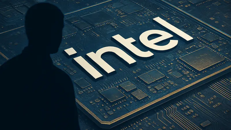 Логотип Intel на фоне высокотехнологичных микросхем, символизирующих производственные успехи.