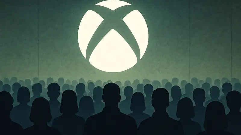 Логотип Microsoft Xbox на фоне толпы. Профсоюзы обвиняют Microsoft в незаконных увольнениях.
