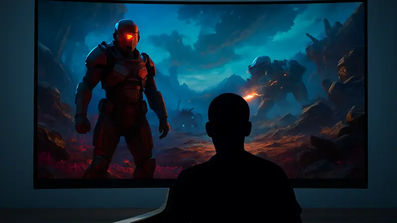 Игровой монитор Alienware 5K2K OLED, отображающий яркую игровую сцену.