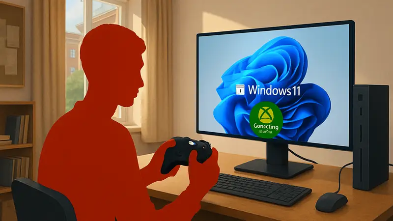 Студент играет на ПК с Windows 11 с контроллером Xbox и подпиской Game Pass Ultimate