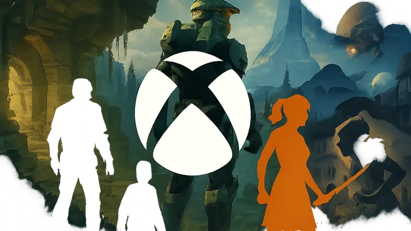 Логотип Xbox на фоне игровых новинок, представленных для Xbox Series X|S и ПК