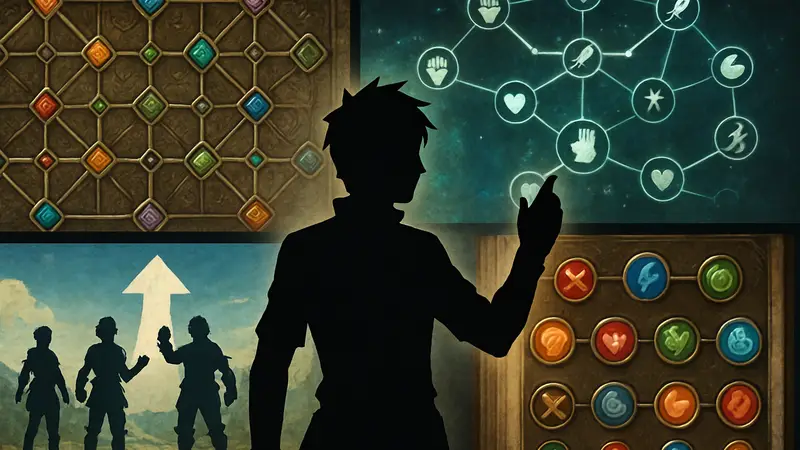 Коллаж из скриншотов JRPG, демонстрирующий различные системы прокачки персонажей.