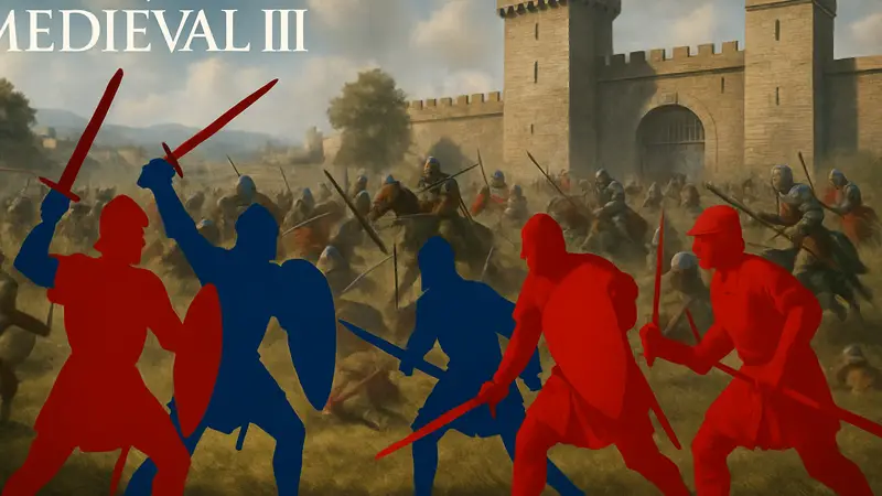 Скриншот из игры Total War: Medieval 3, изображающий средневековых воинов в битве.