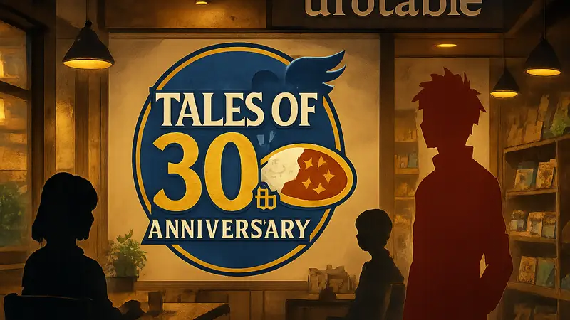 Логотип Tales of 30th Anniversary в кафе ufotable с изображением Мапо Карри.