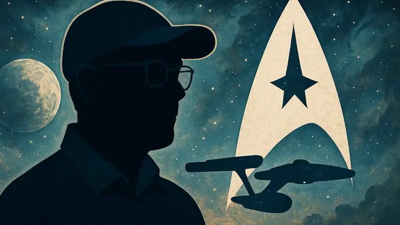 Портрет писателя Энди Вейра, автора книги «Проект Аве Мария», на фоне символики «Звёздного пути»