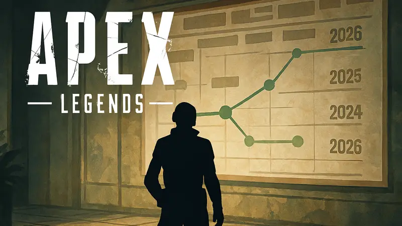 Логотип Apex Legends на фоне дорожной карты с планами развития до 2026 года.