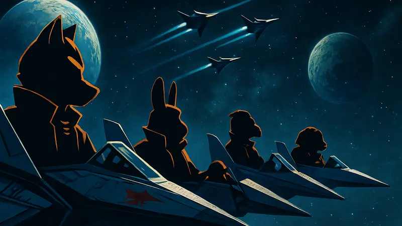 Изображение команды Star Fox в космических кораблях на фоне планет и звезд