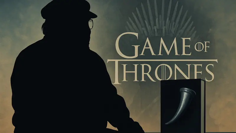 Писатель Джордж Р.Р. Мартин и книга "Ветра Зимы", на фоне логотипа Game of Thrones.