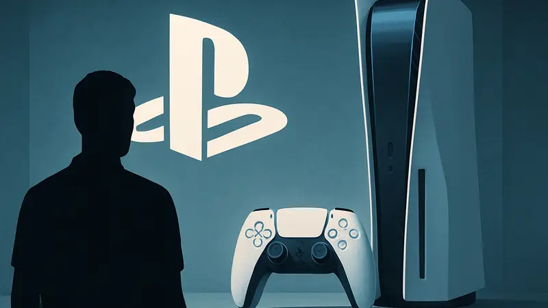 Логотип PlayStation на фоне консоли PS5 и геймпада DualSense