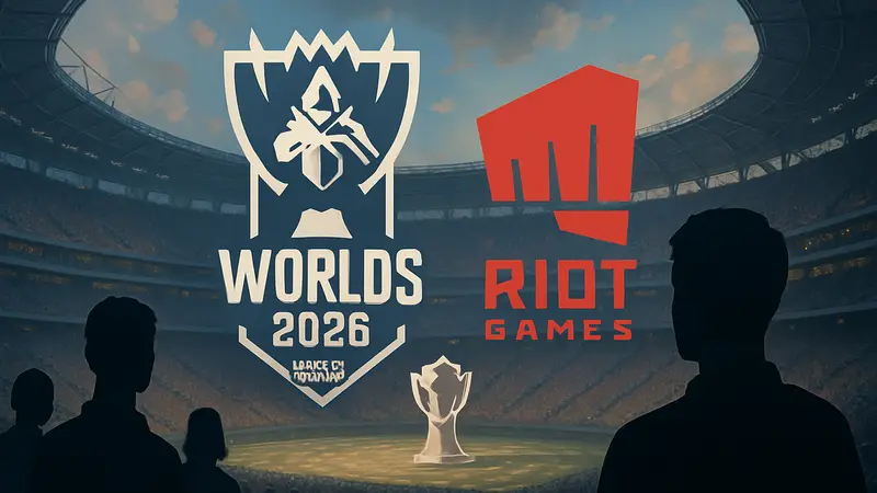 Логотип Worlds 2026 League of Legends и символика Riot Games на фоне спортивной арены