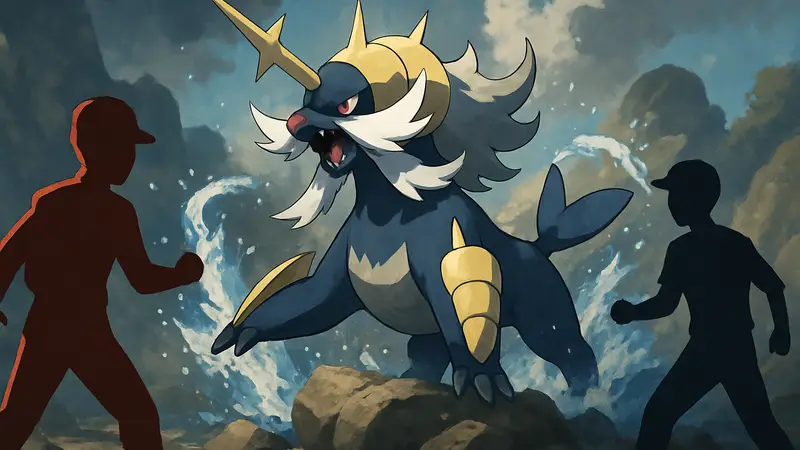 Покемон Самуротт Хисуи из Pokemon Scarlet и Violet на фоне сражения, редкий покемон.