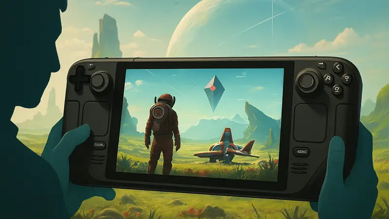Скриншот из No Man's Sky на портативной консоли Steam Deck, демонстрирующий оптимизацию игры.