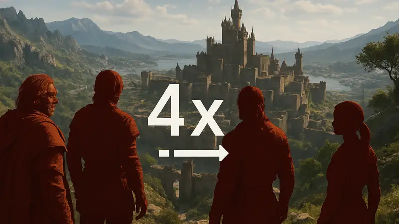 Скриншот из игры Crimson Desert с персонажами на фоне пейзажа, текст "4x speed" на экране