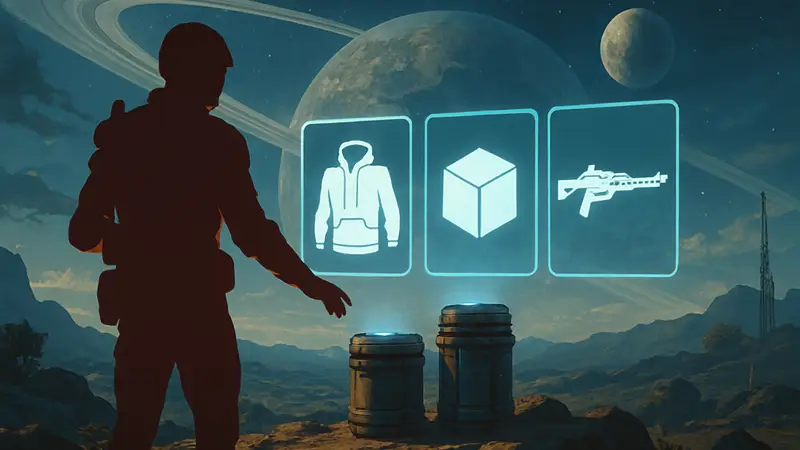 Игрок Arc Raiders осматривает награды после выполнения экспедиции, на фоне космического пейзажа
