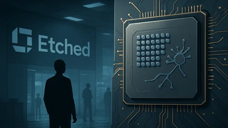Логотип стартапа Etched и изображение инновационного ИИ-чипа без GPU.