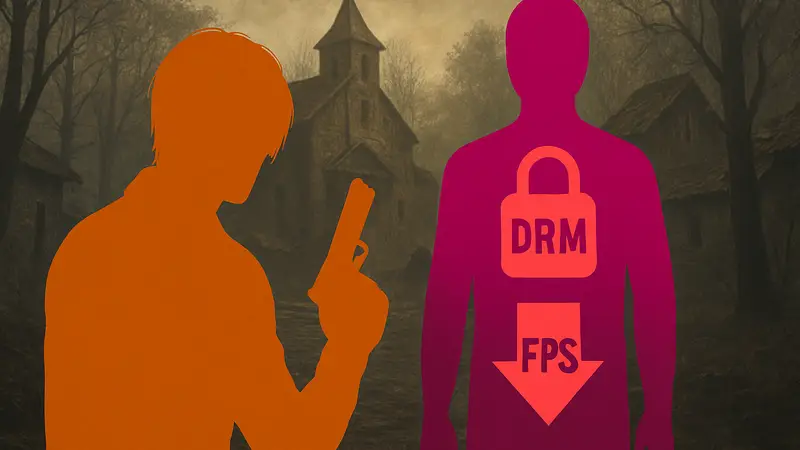 Обложка Resident Evil 4 Remake, символизирующая проблемы с DRM и падение FPS.