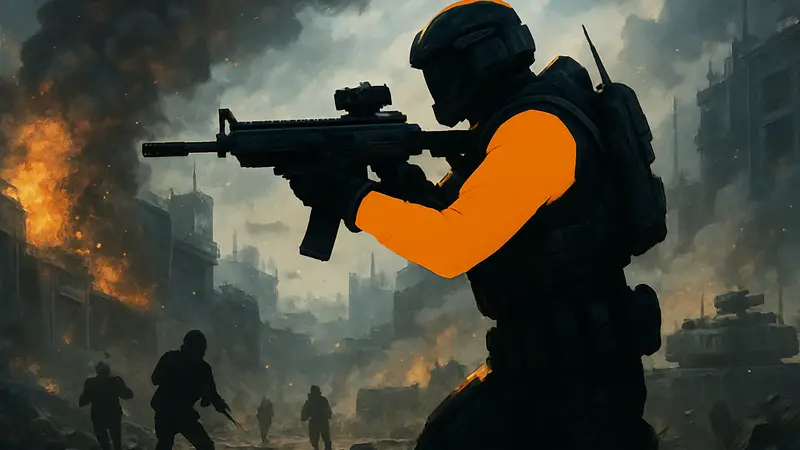 Футуристический солдат с оружием на фоне боевых действий, иллюстрация к FPS-играм 2026 года.