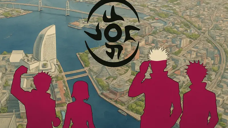 Карта Йокогамы с символикой Jujutsu Kaisen и персонажами аниме