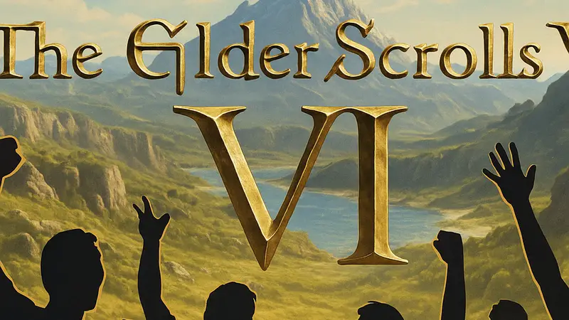 Логотип игры The Elder Scrolls 6, окруженный восторженными силуэтами геймеров, предвкушающих релиз.