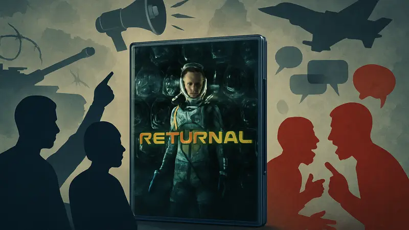 Обложка игры Returnal от Housemarque на фоне символов информационной войны и споров.