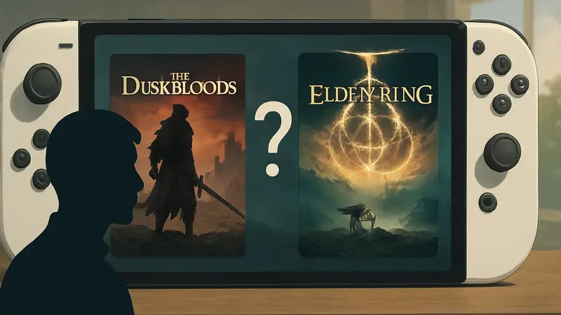 Обложки игр The Duskbloods и Elden Ring на фоне Nintendo Switch 2, иллюстрация утечки даты выхода.