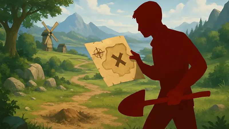Игрок в Windrose держит лопату, ищет зарытые сокровища на карте.