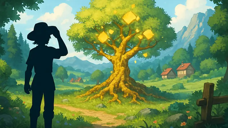 Иллюстрация игрового мира Fields of Mistria с редким Древом Тессеры