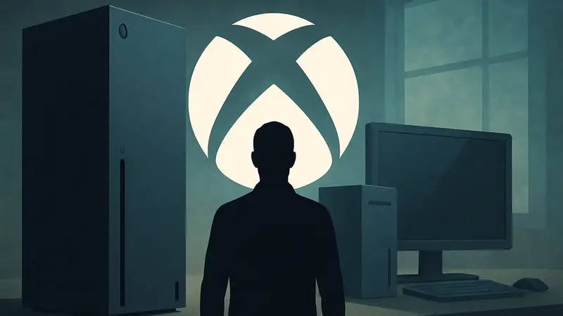 Логотип Xbox на фоне консолей и ПК, символизирующий изменение стратегии Microsoft в игровом бизнесе.