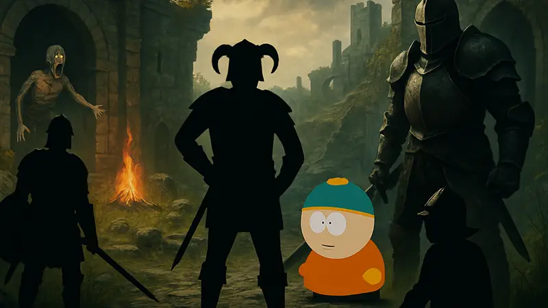 Юмористический скриншот из новой Soulslike игры, сочетающей стили Dark Souls, Skyrim и South Park с абсурдным ИИ-контентом.