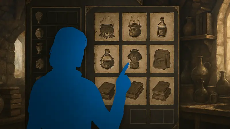 Игрок открывает инвентарь в Crimson Desert, на фоне видны рецепты крафта и алхимии.