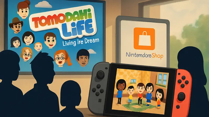 Логотип Tomodachi Life: Living the Dream, персонажи игры, интерфейс Nintendo eShop, игра на Nintendo Switch