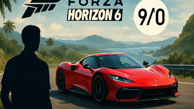 Обложка игры Forza Horizon 6 с гоночным автомобилем и рейтингом критиков 9/10