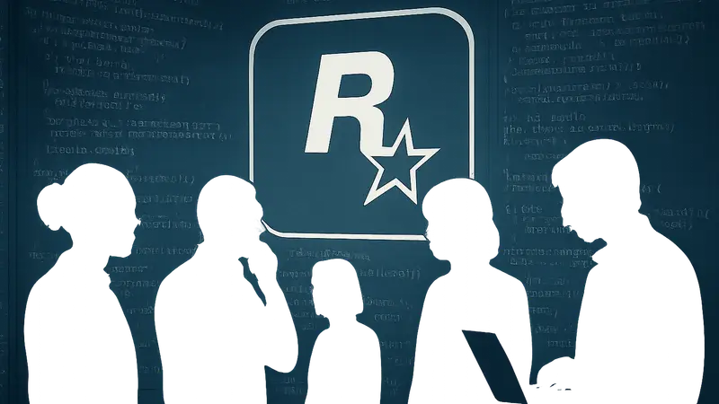Логотип Rockstar Games и силуэты разработчиков на фоне кода игры.