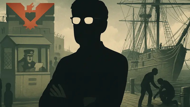 Изображение Лукаса Поупа, автора игр Papers, Please и Return of the Obra Dinn, на фоне своих проектов.