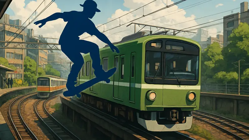 Геймплей игры Denshattack, демонстрирующий поезда в стиле Tony Hawk's Pro Skater.