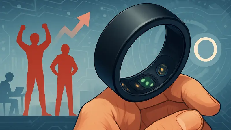 Смарт-кольцо Ultrahuman Ring Pro на руке, фон с элементами технологий и конкуренции