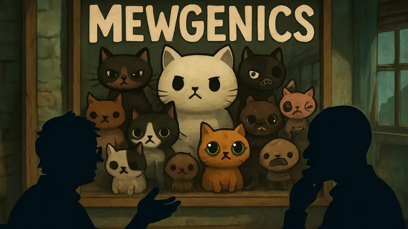 Обложка игры Mewgenics с персонажами и логотипом. Эдмунд МакМиллен и Тайлер Глейл обсуждают DLC.
