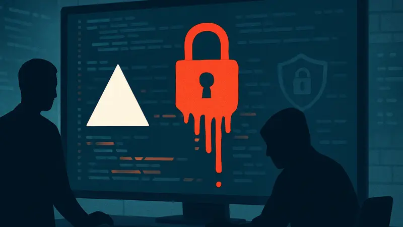 Логотип Vercel на фоне экрана с кодом, символизирующий утечку данных и кибербезопасность.