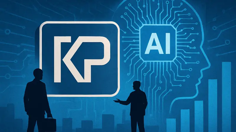 Логотип Kleiner Perkins на фоне символов AI, показывающий инвестиции в искусственный интеллект