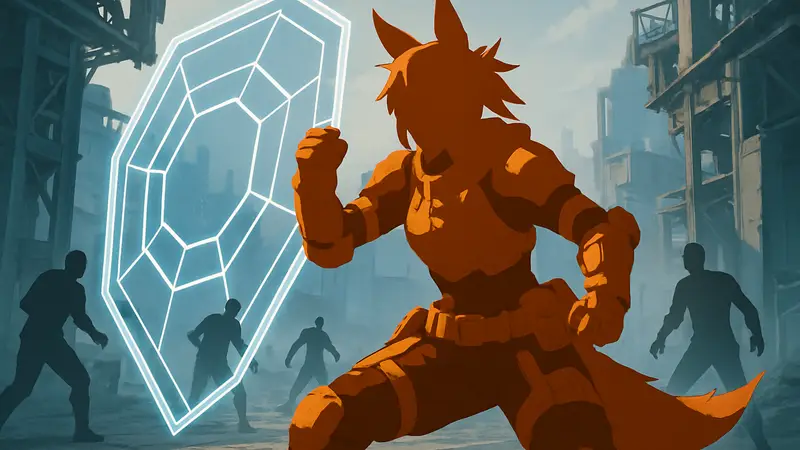 Оператор Эмбер из Arknights Endfield в защитной позе, с фокусом на её броню и эффекты щитов.