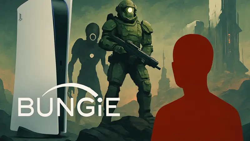 Логотип Bungie и изображение из игры Marathon на фоне консоли PlayStation 5, символизирующее продажи.